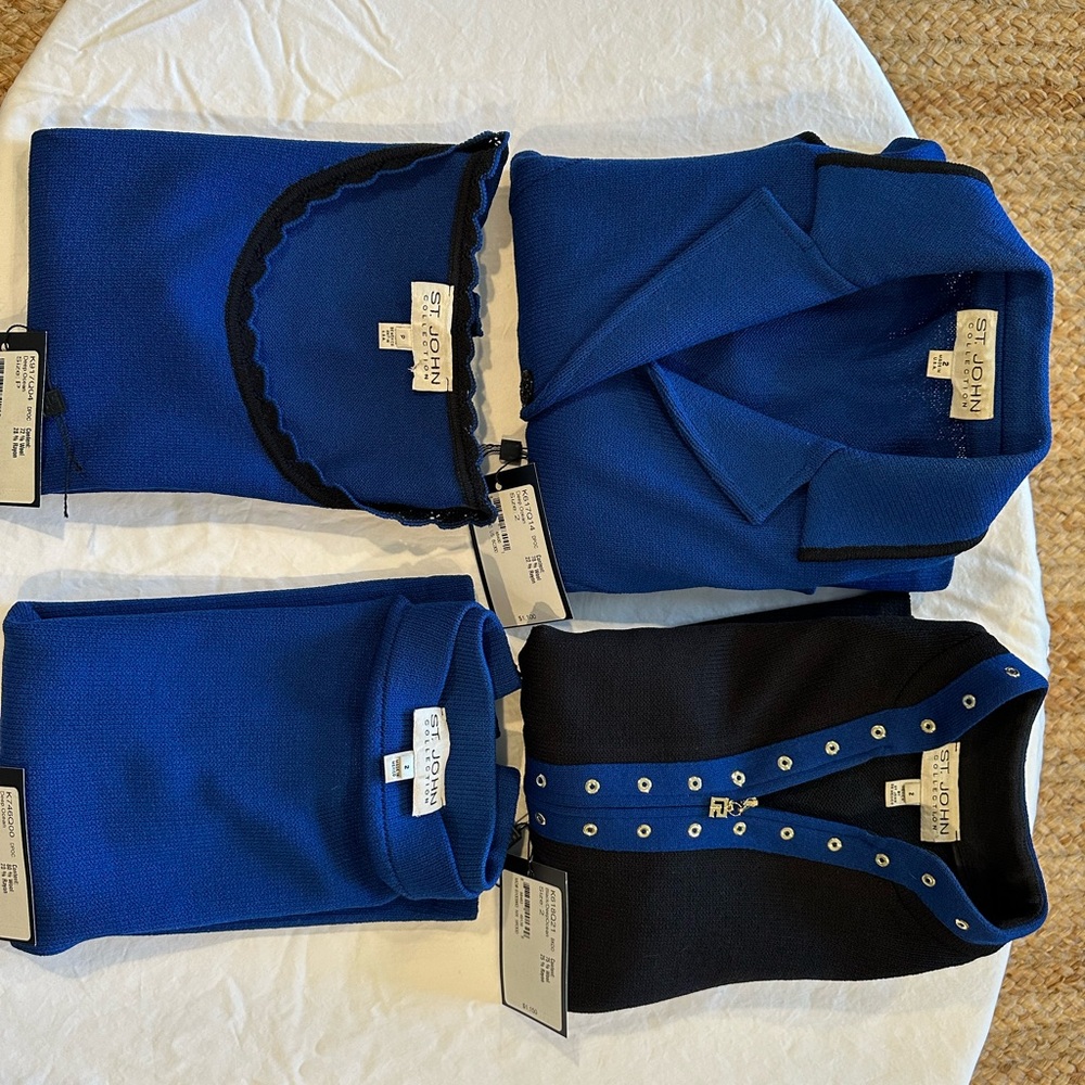 2 St. John Blue and Black Suits with Top and Skirt. 3-4 Outfits in 1.